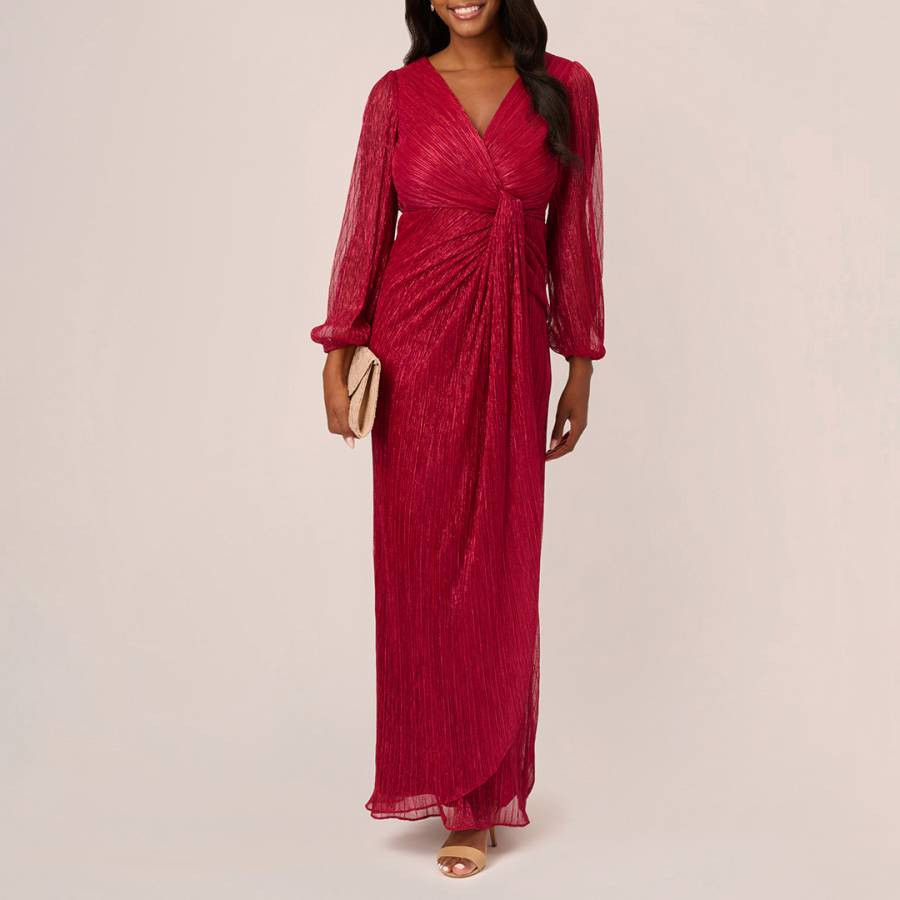 Red Metallic Mesh Draped Gown