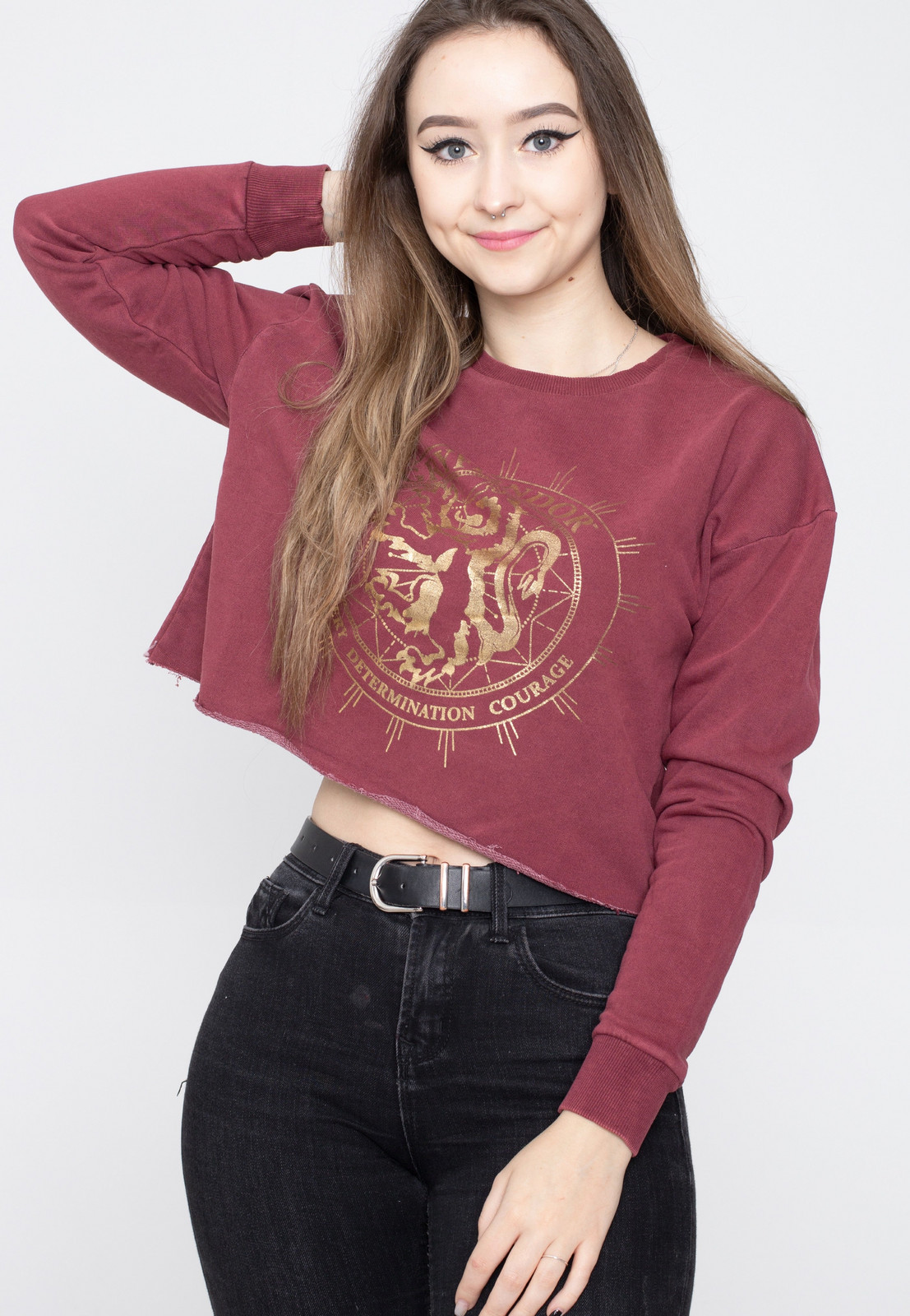 Harry Potter - Gryffindor Cropped Wine Red Acid Wash - Sweater