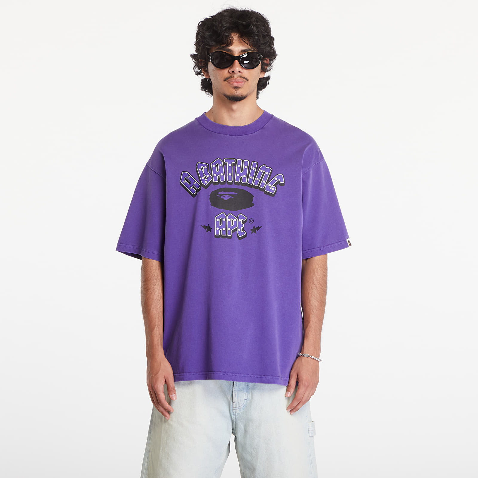 T-shirt A BATHING APE Garment Dye Rhinestone Logo Relaxed Fit Short Sleeve Tee Purple XXL