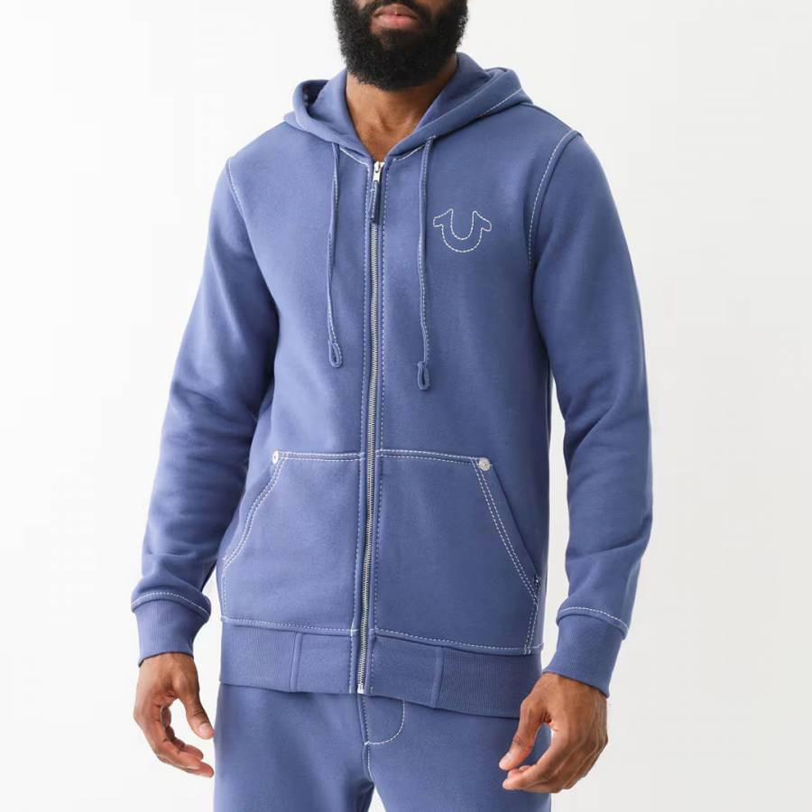 Blue Zip Up Cotton Blend Hoodie