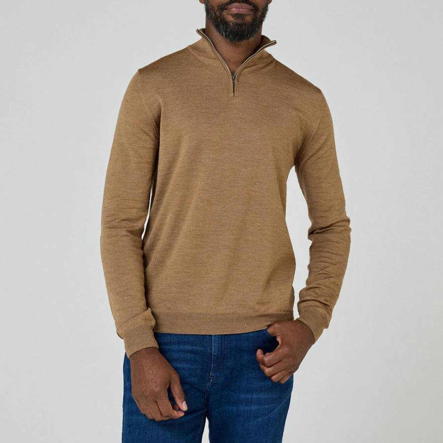 Camel Curragh Quarter Zip Merino Wool Jumper