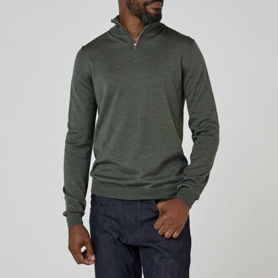 Khaki Curragh Quarter Zip Merino Wool Jumper