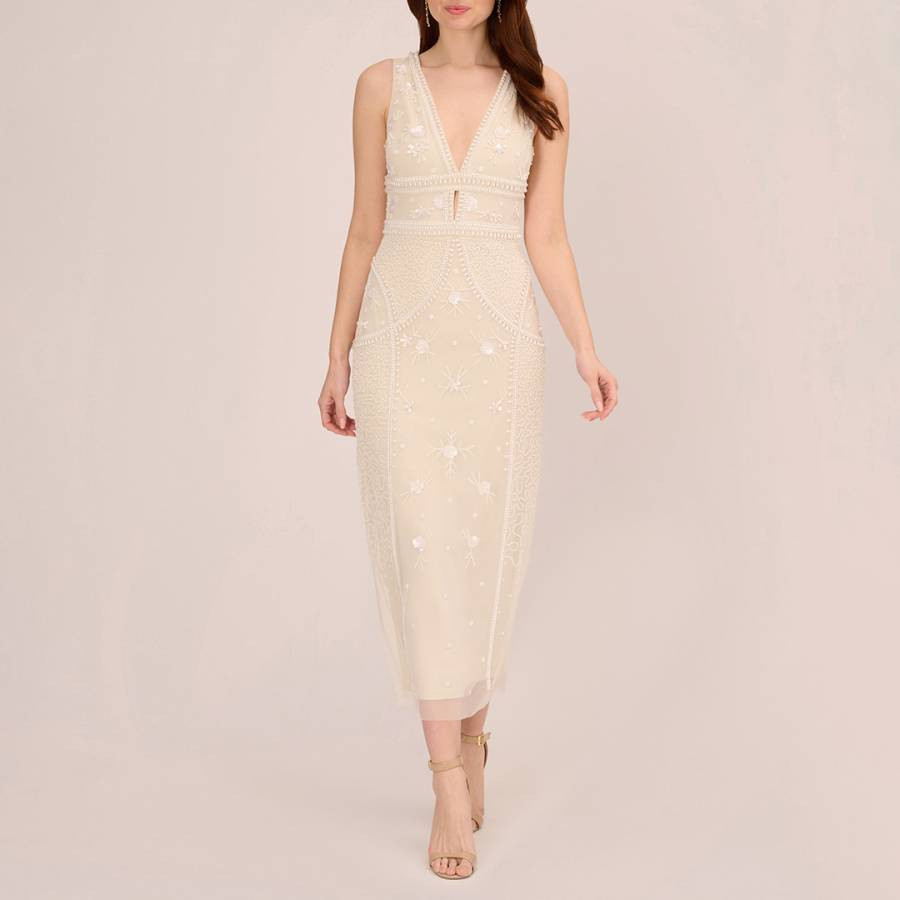 Ivory Beaded Ankle V-Neck Dress