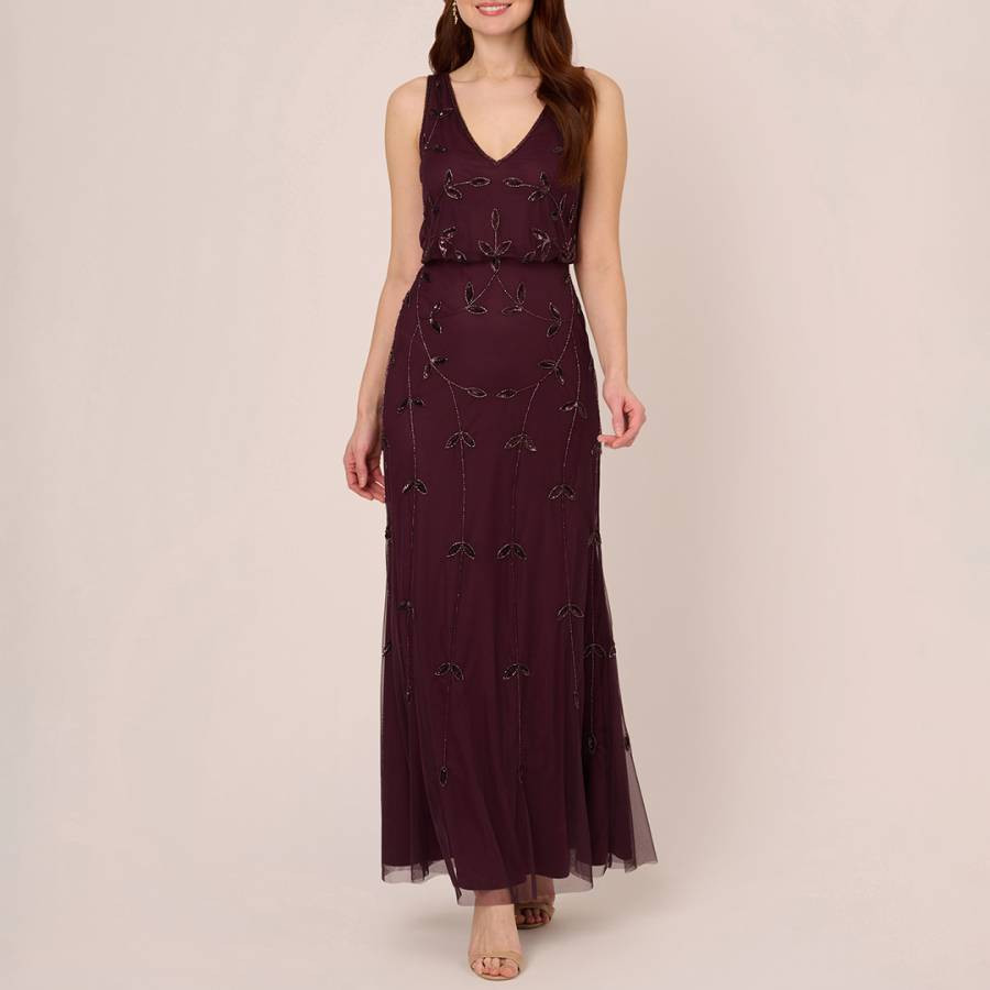 Burgundy Beaded Blouson Maxi Dress