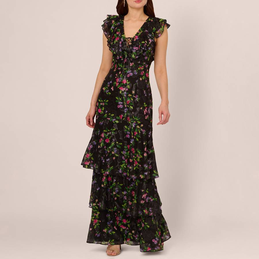 Green Flutter Tiered Chiffon Gown