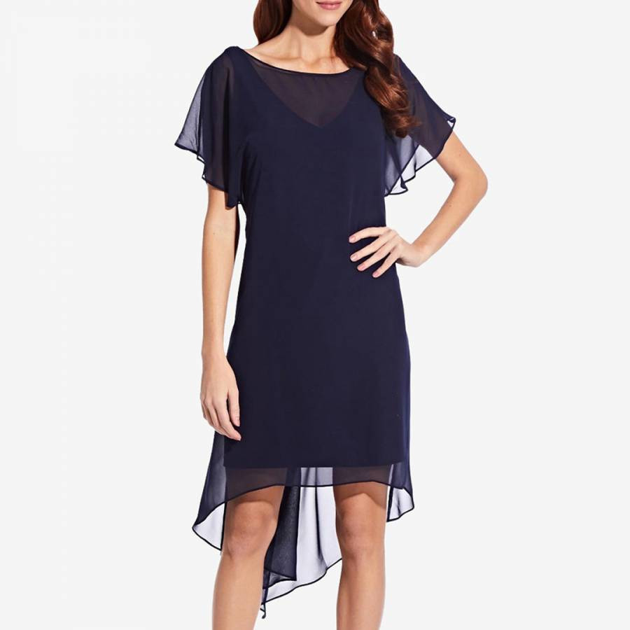 Navy Chiffon Overlay Draped Dress