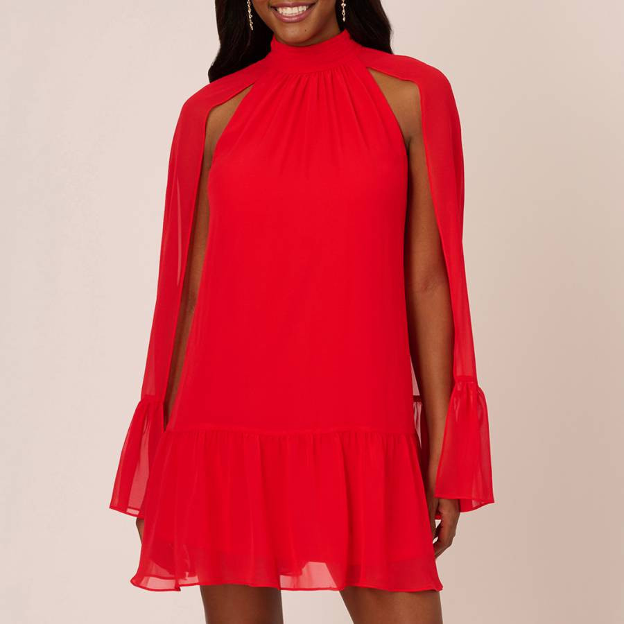 Red Chiffon Ruffle Cape Dress