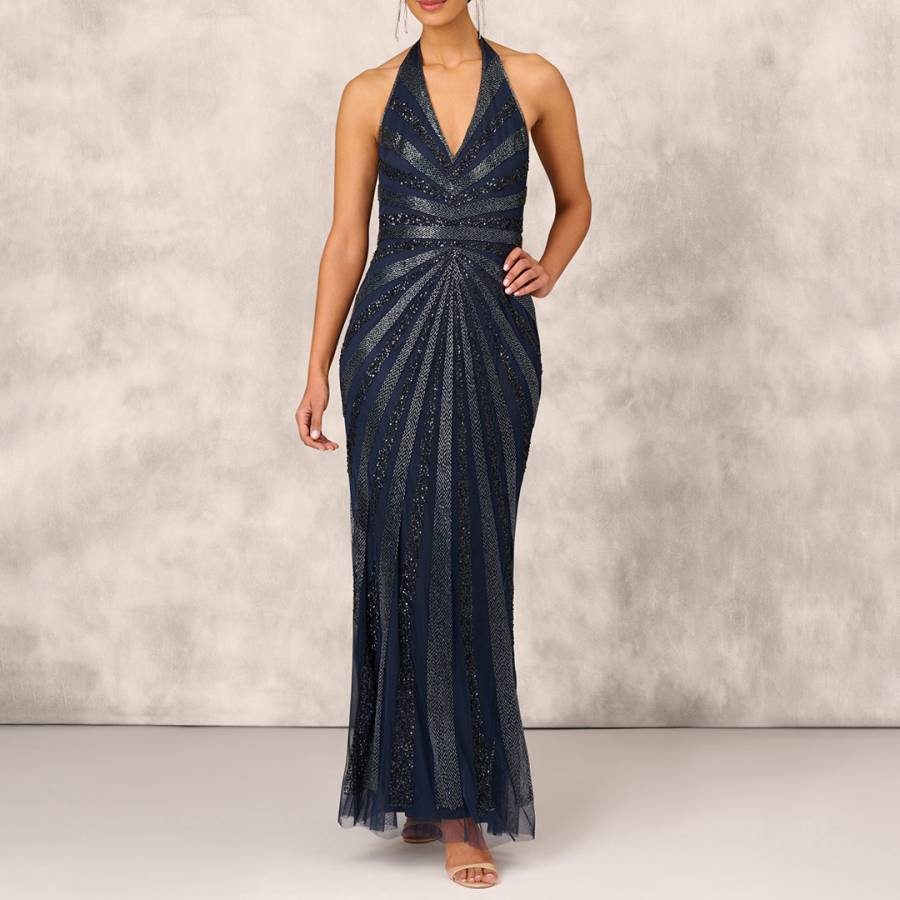 Navy V-Neck Halter Beaded Gown