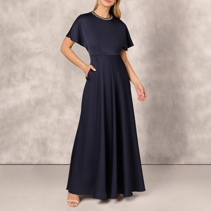 Navy Crepe Back Satin Gown