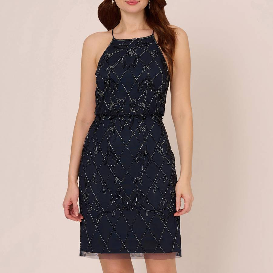 Navy Beaded Blouson Dress