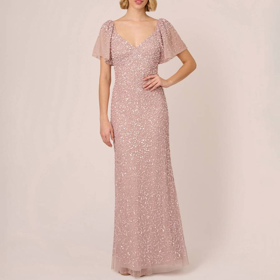 Pink Beaded Mesh Maxi Dress