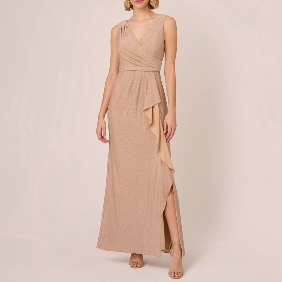 Beige Metallic Knit Draped Gown