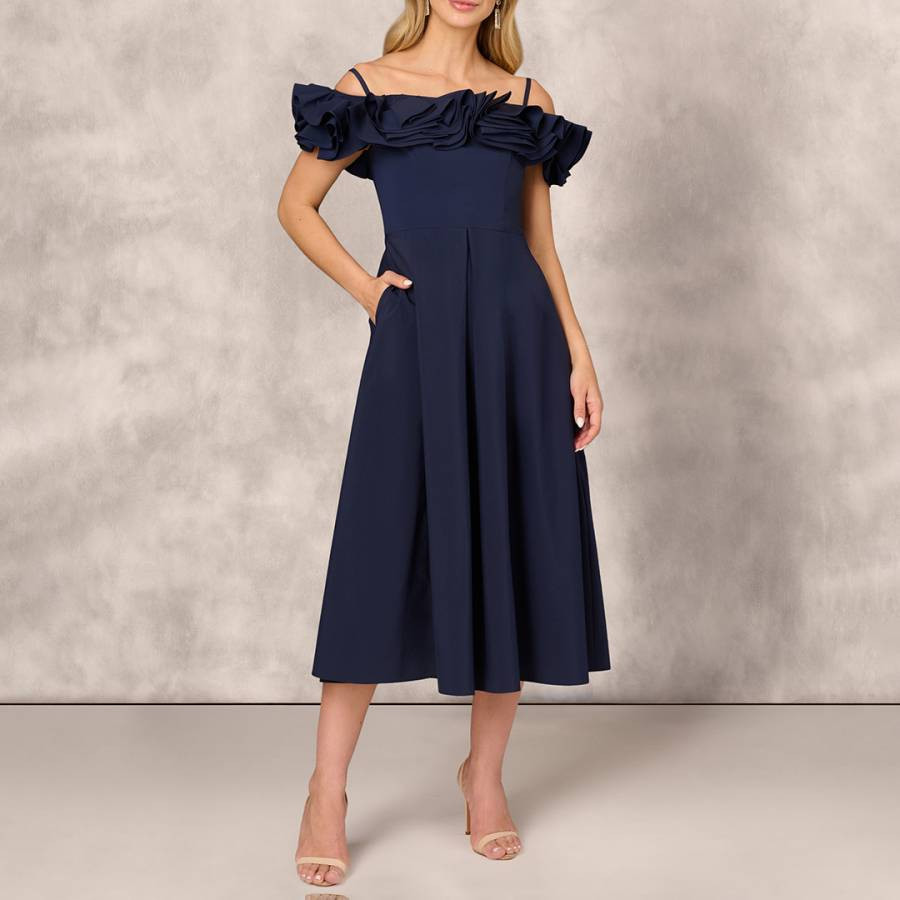 Navy Stretch Taffeta Midi Dress