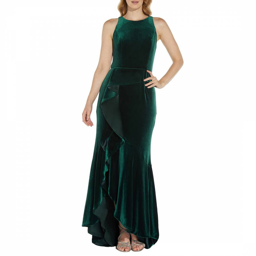 Green Velvet Cascade Gown