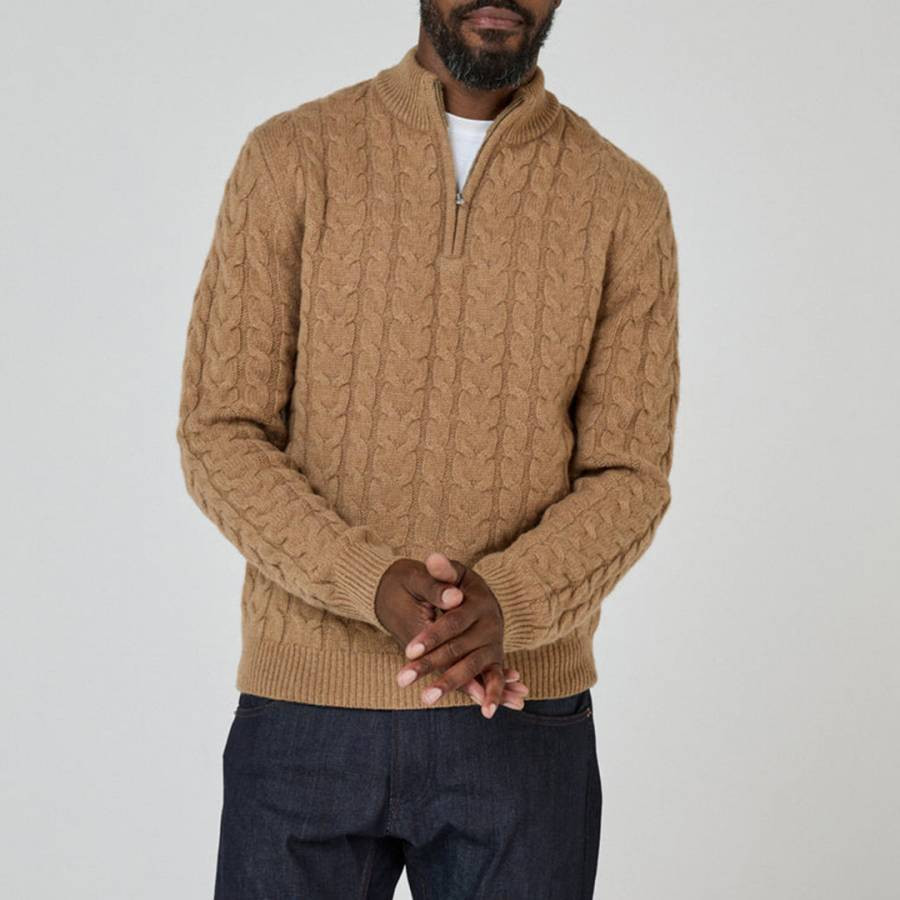 Camel Darlington Quarter Zip Wool Jumper