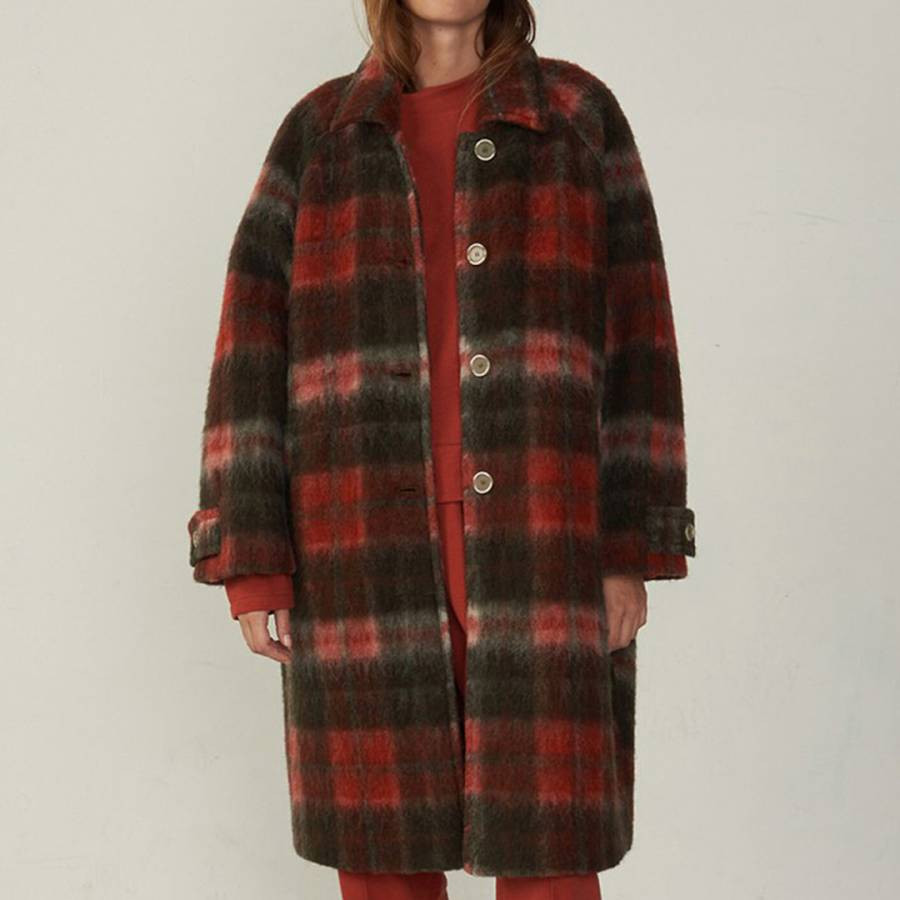 Burgundy Wool Blend Tartan Coat