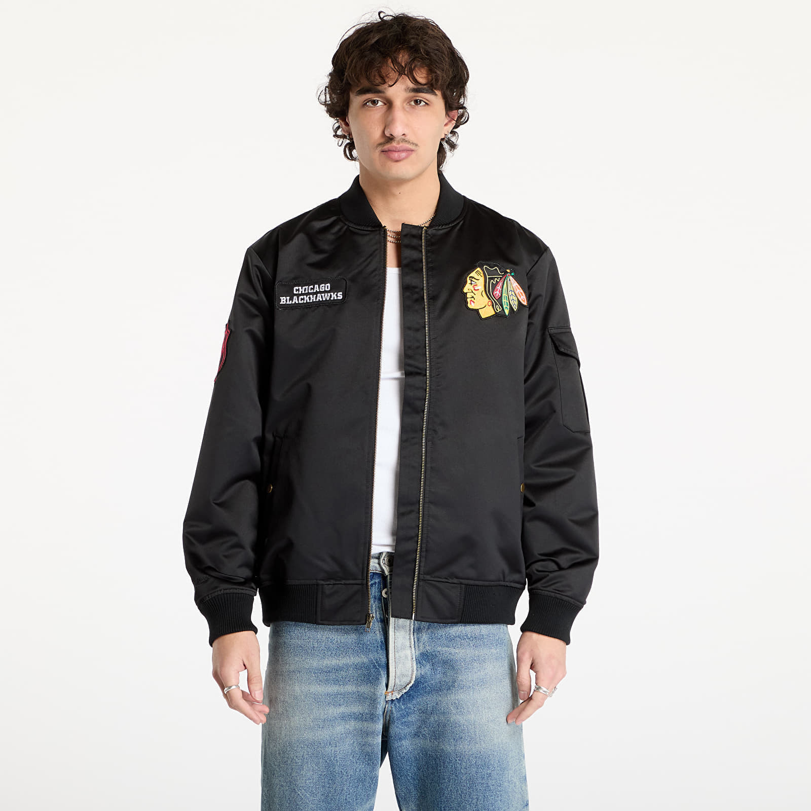 Jacket Mitchell & Ness NHL Team Leader Satin Current Logo Blackhawks Bomber Black L