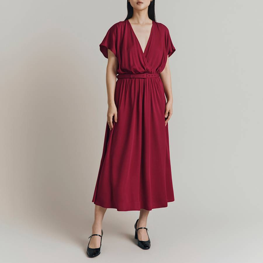 Raspberry Satin Gathered Midi Dress