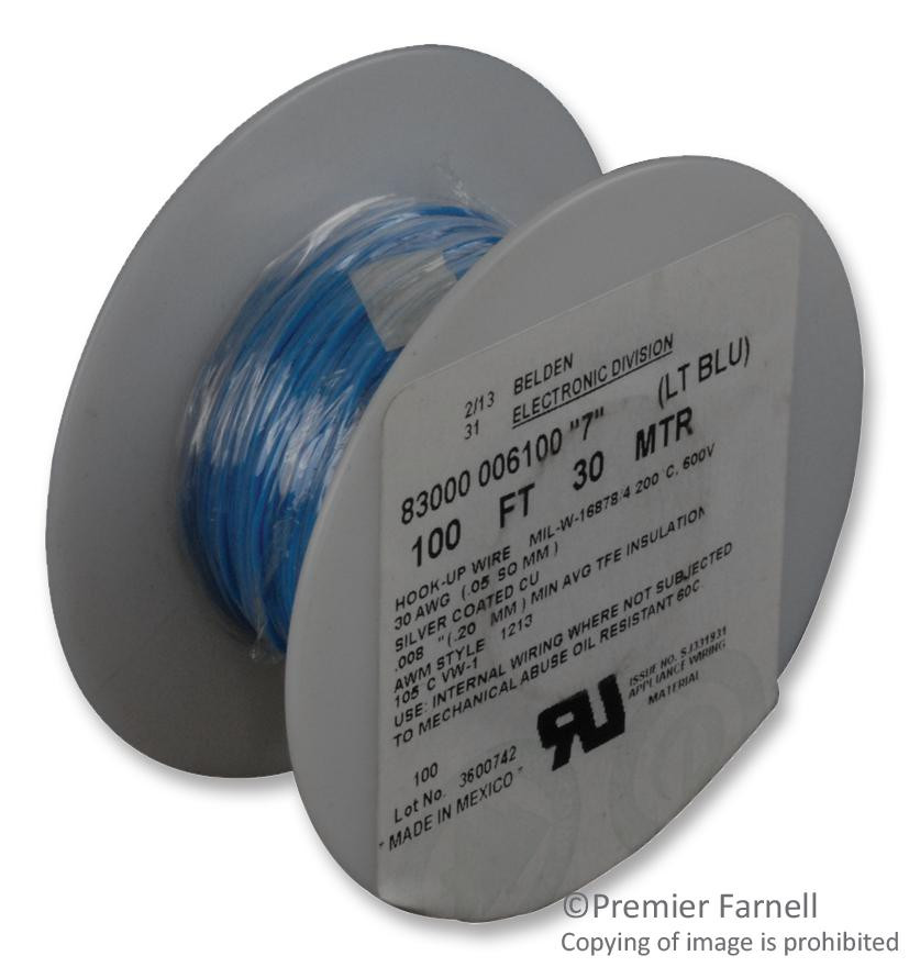 Belden 83000 006100 Hook Up Wire, 100Ft, 30Awg, Copper, Blue