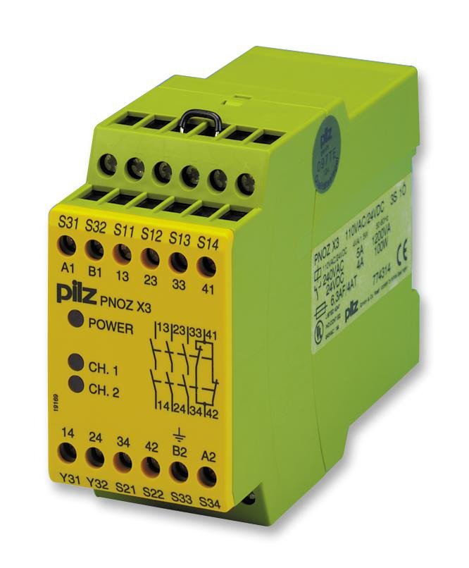 Pilz 774314 Safety Relay, 3Pst-No, 24Vdc, 8A