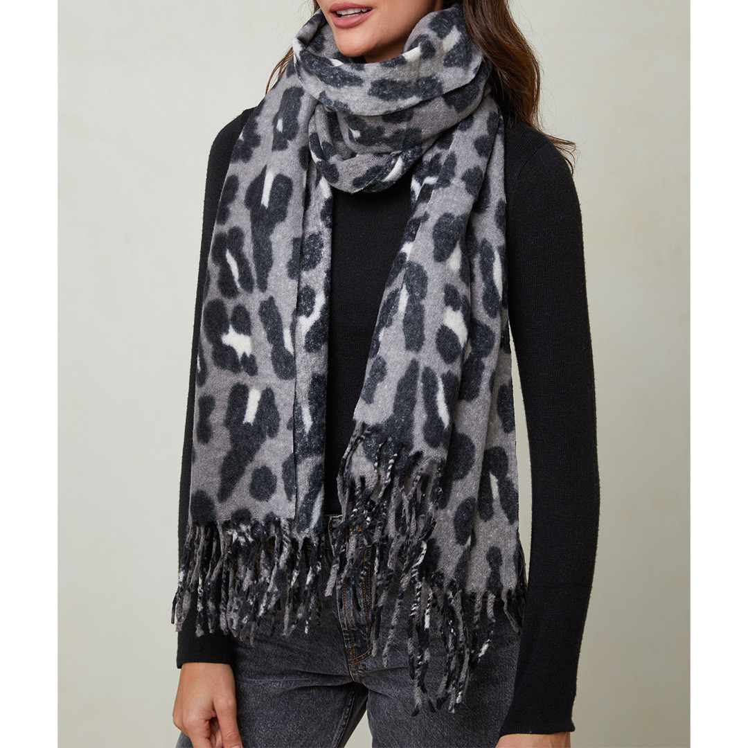 Grey Wool Blend Leopard Tassel Scarf