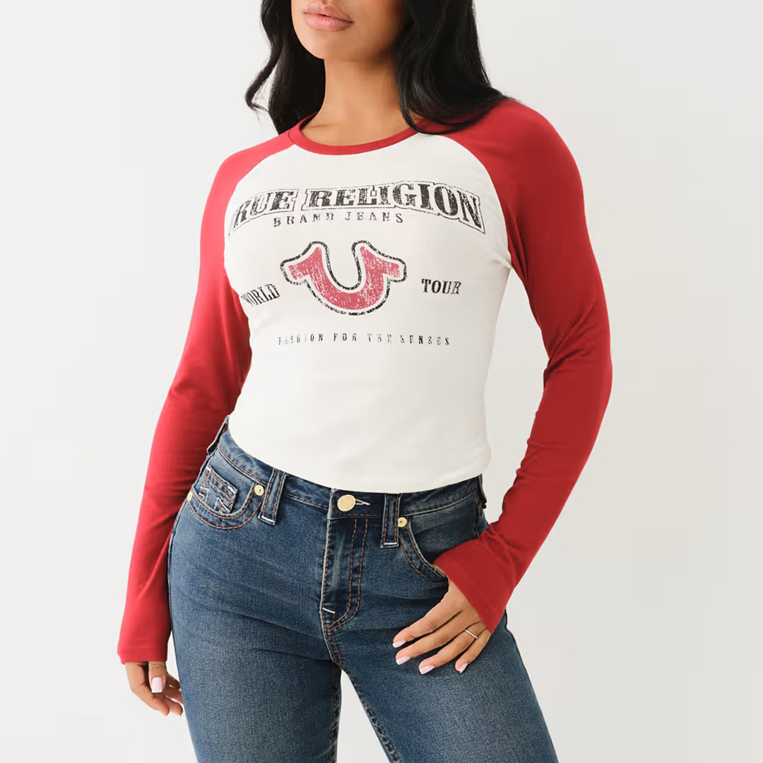 White/ Red Vintage Contrast Raglan Long Sleeve Top