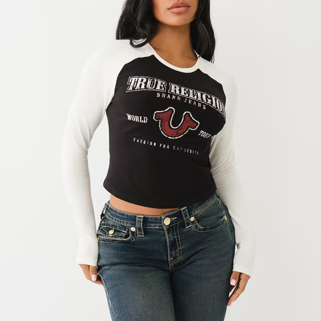 White/ Black Vintage Contrast Raglan Long Sleeve Top