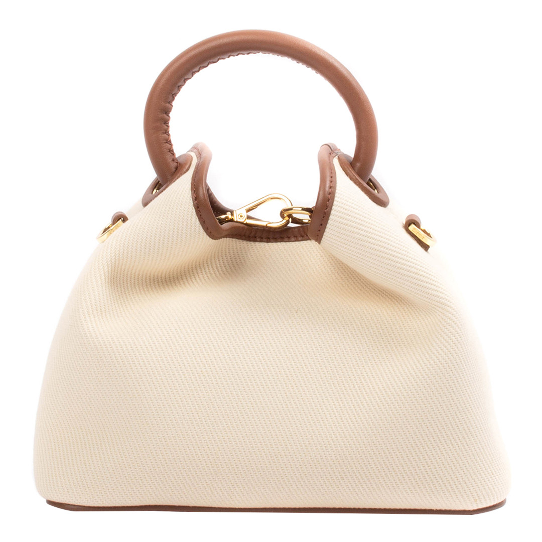 White and Cognac Baozi Canvas/Leather Handbag