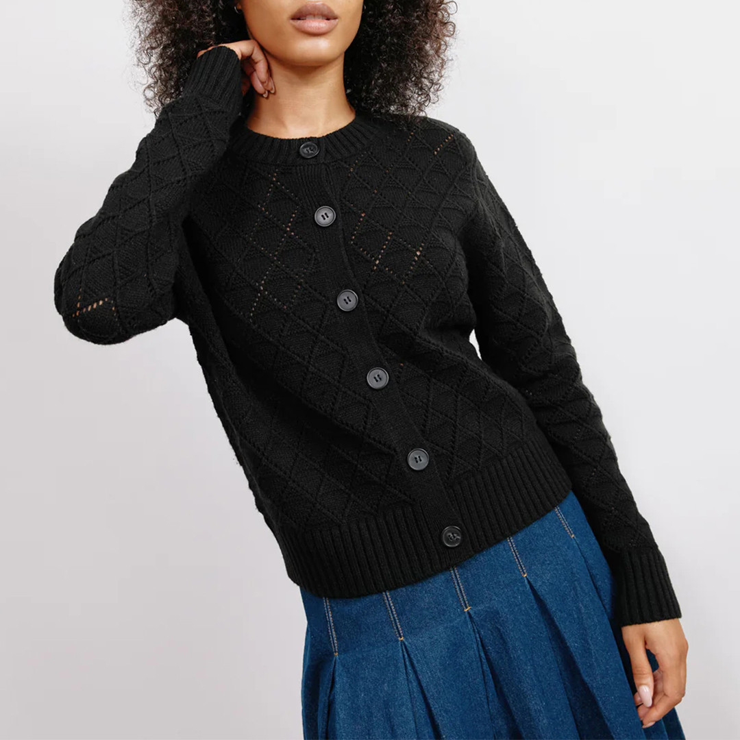 Black Pointelle Wool Blend Cardigan