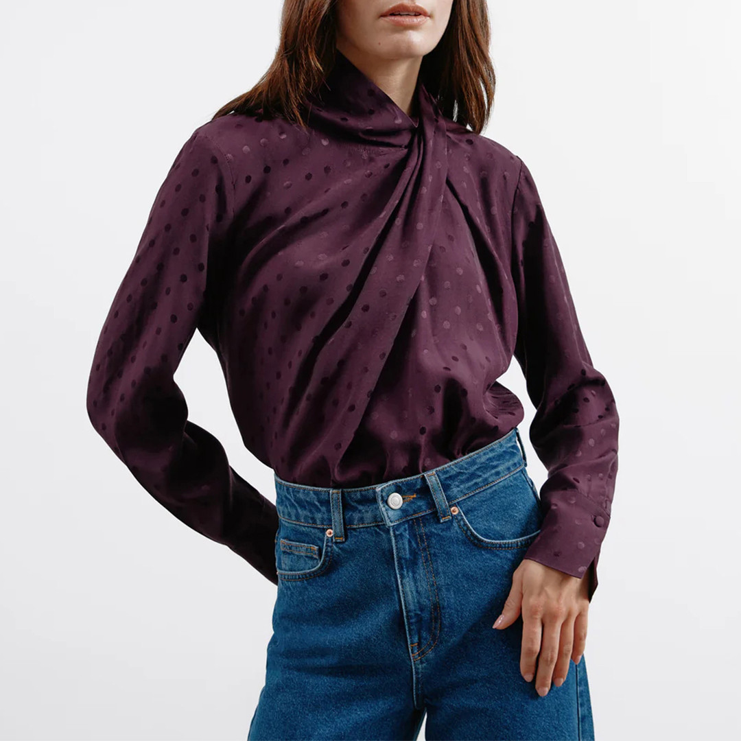 Burgundy Jaquard Twist Neck Blouse