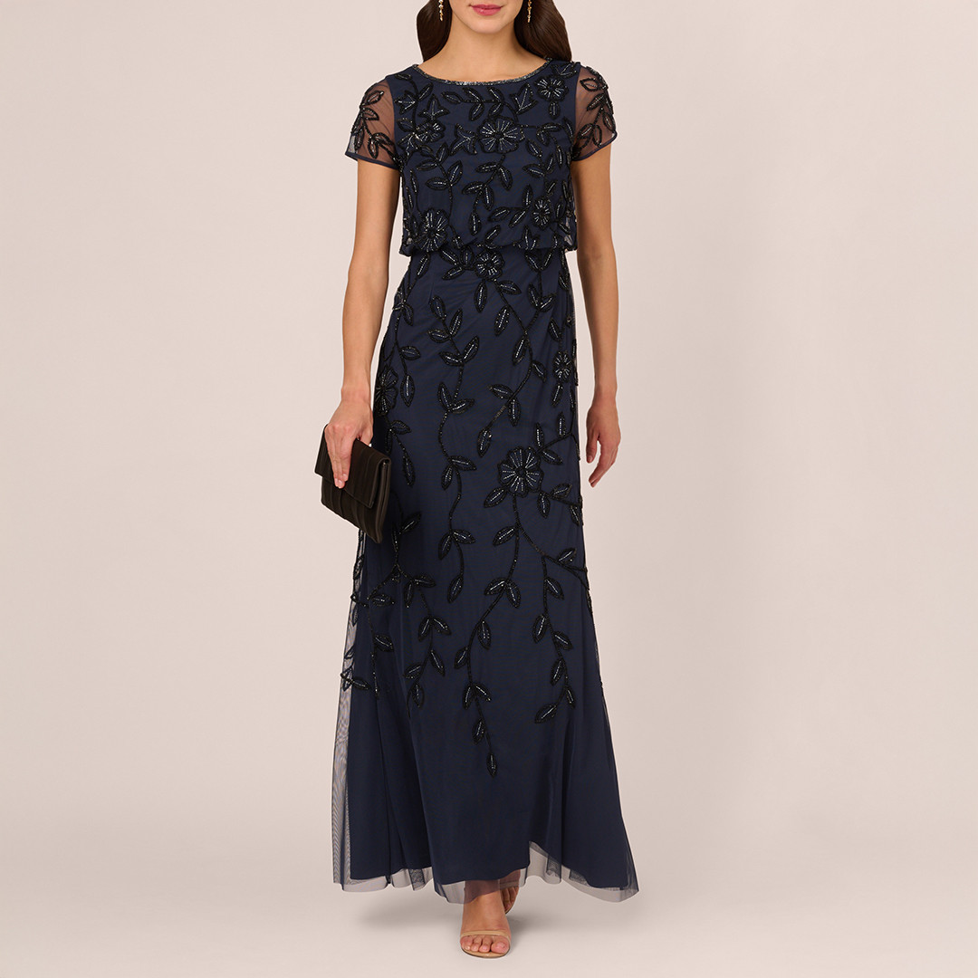 Navy Blouson Beaded Long Dress