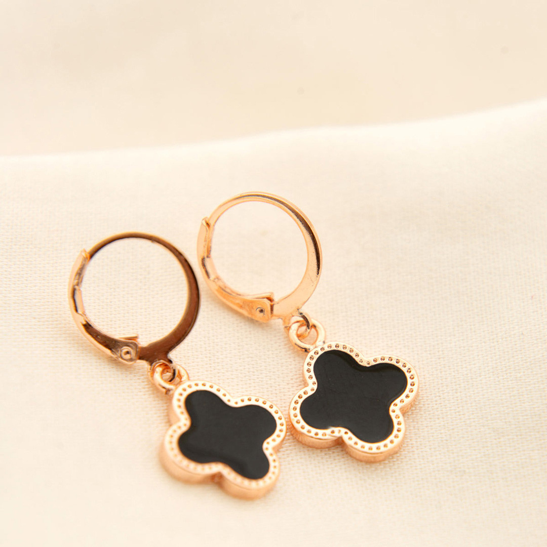 Yellow Gold/Black Flower Pendant Hoop Earrings