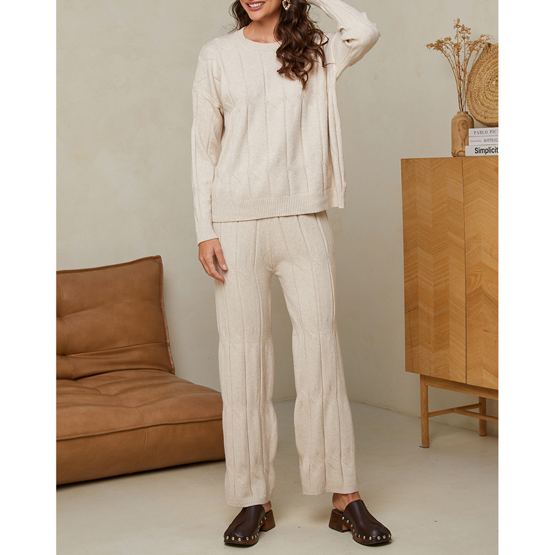 Ecru Cashmere Blend Cable Jumper and Trouser Set