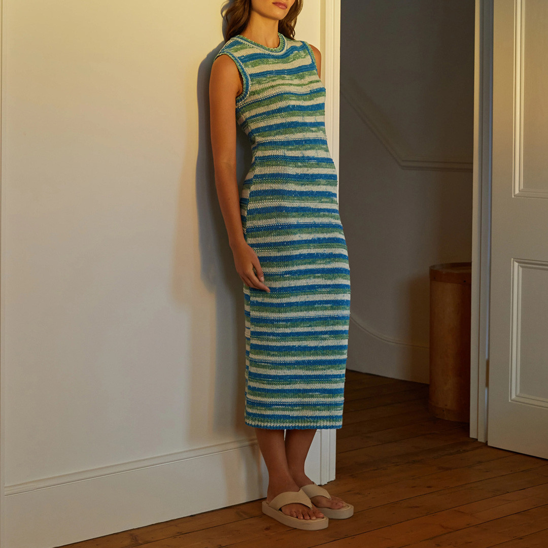 Blue Knitted Striped Maxi Dress