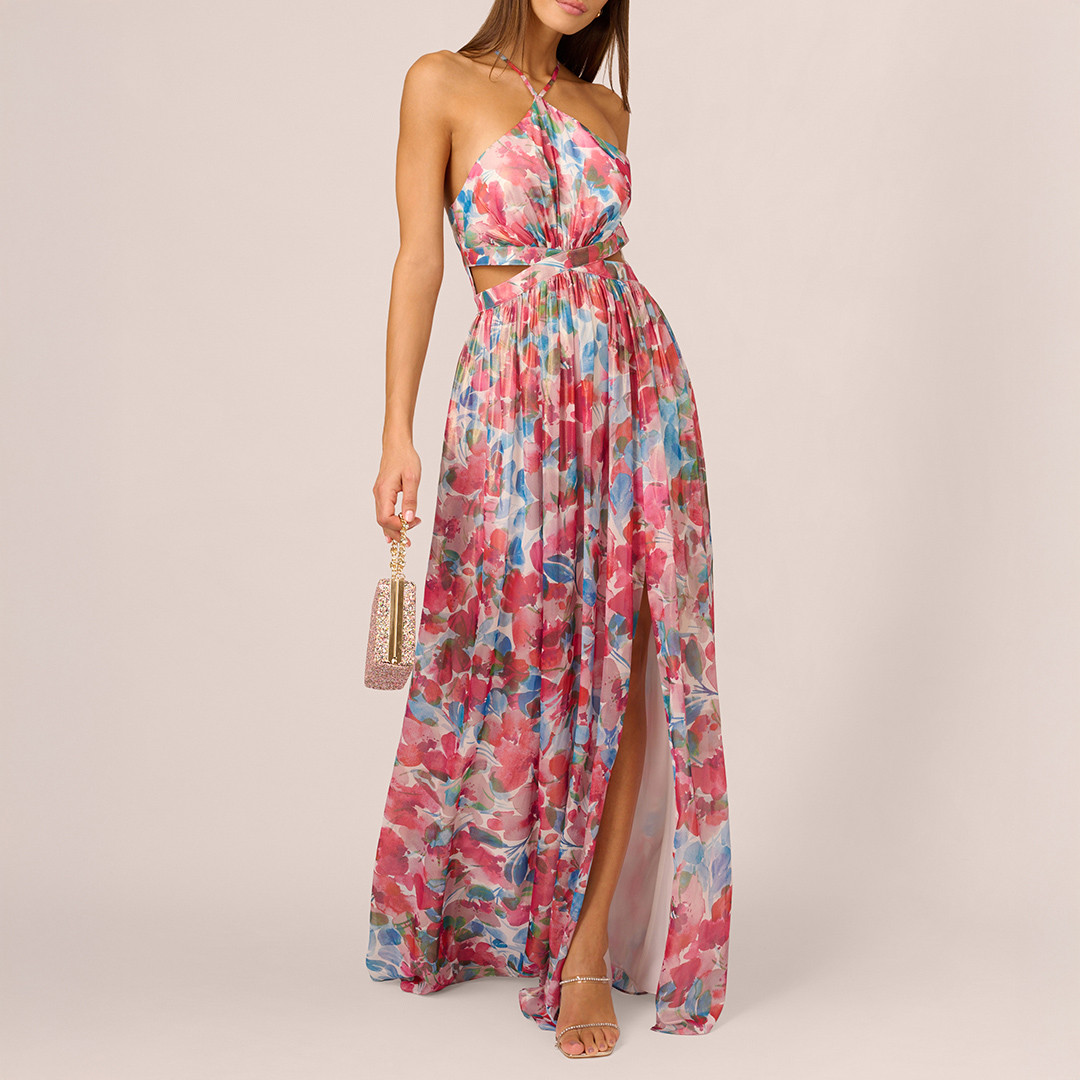 Pink Foiled Chiffon Maxi Dress