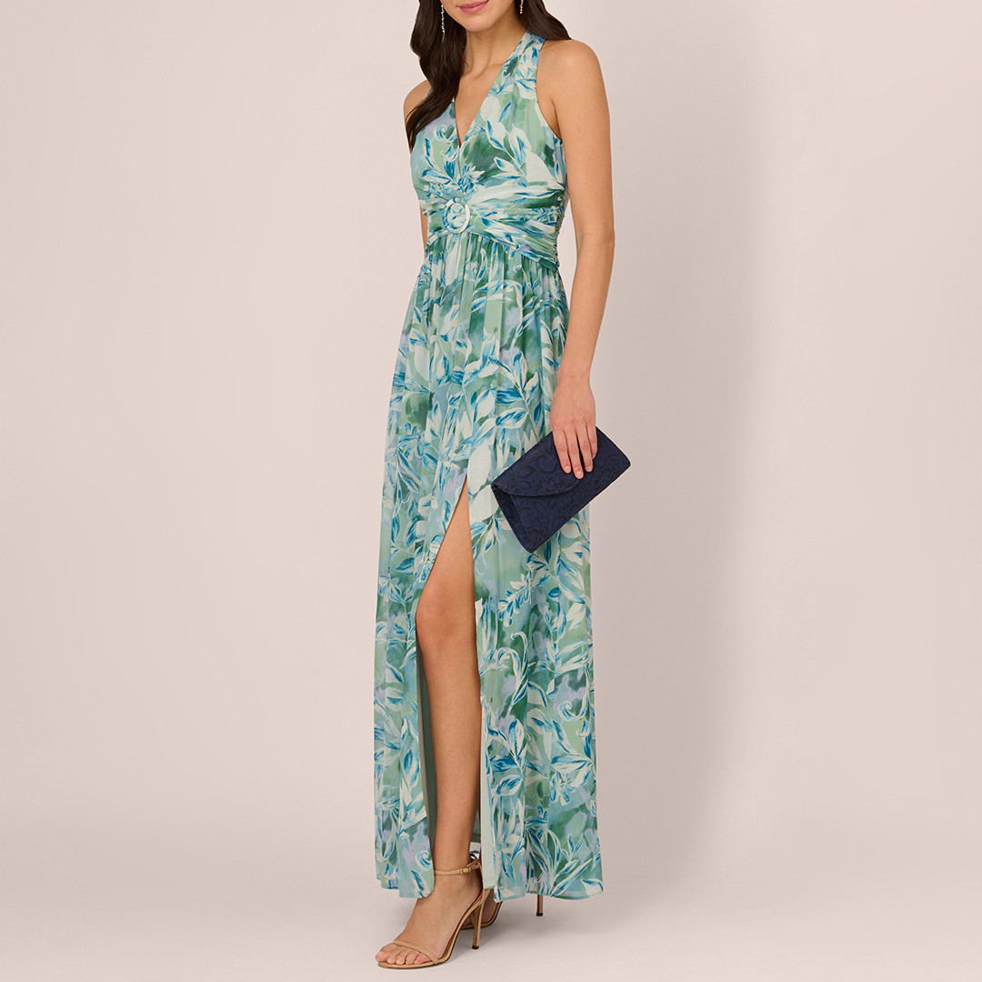 Turquoise Chiffon Leaf Maxi Dress