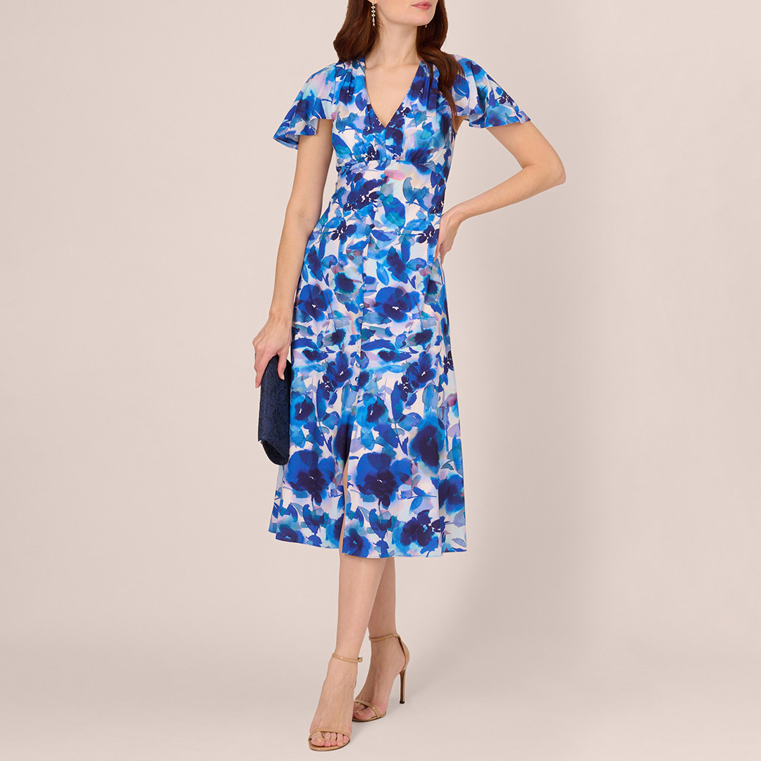 Royal Blue Printed Chiffon Midi Dress