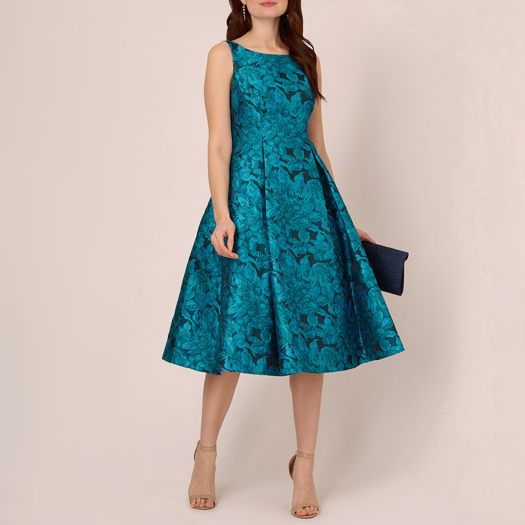 Teal Floral Jacquard Midi Dress