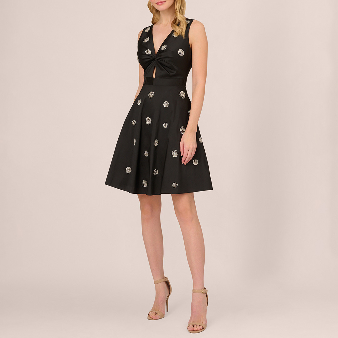 Black Beaded Taffeta Fit Flare Dress