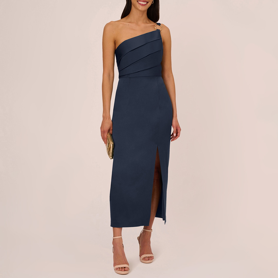 Navy One Shoulder Satin Crepe Dress