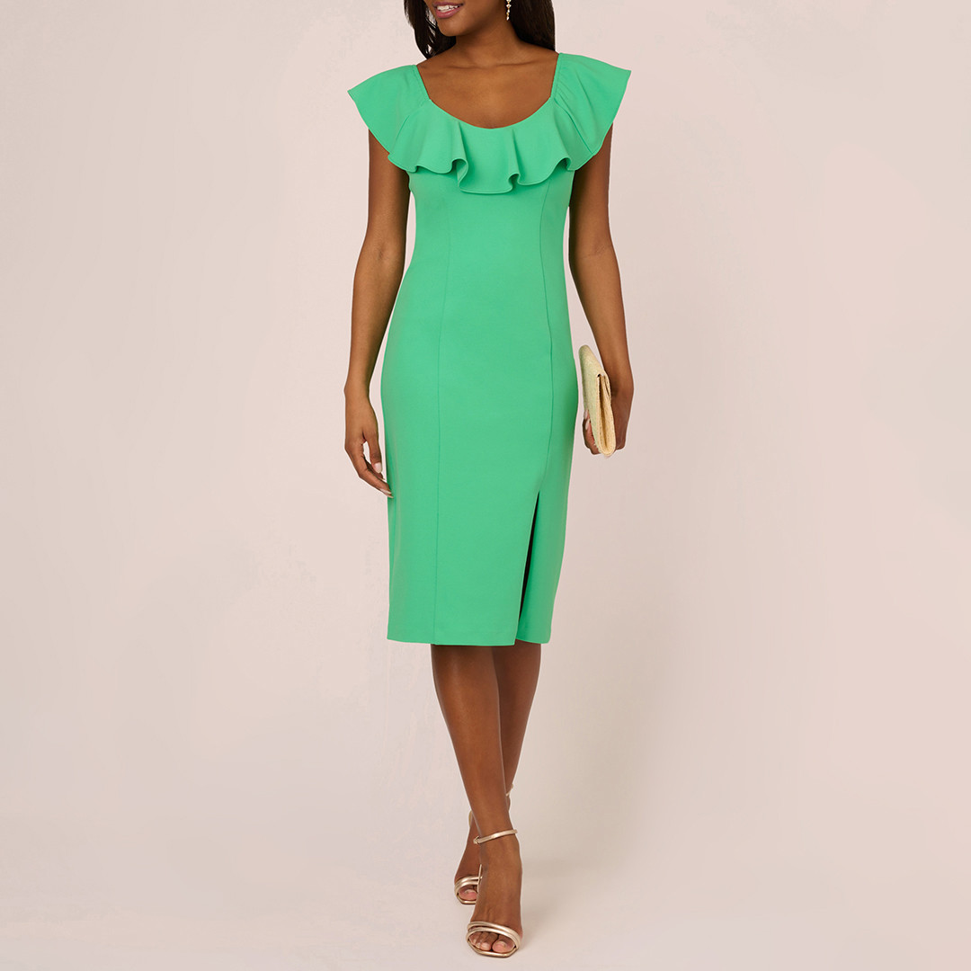 Emerald Knit Crepe Ruffle Midi Dress