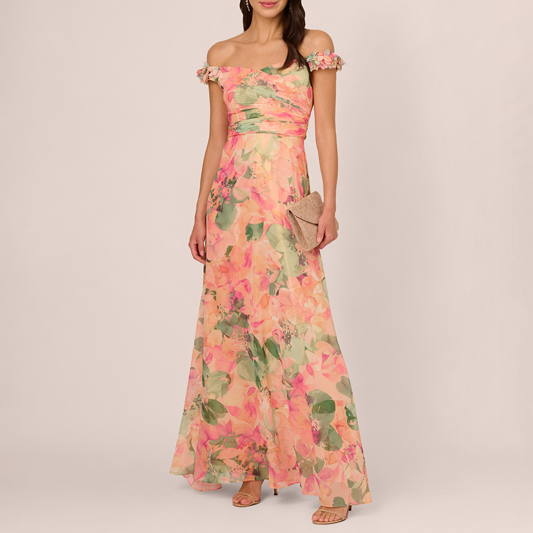 Apricot Off-Shoulder Printed Chiffon Gown