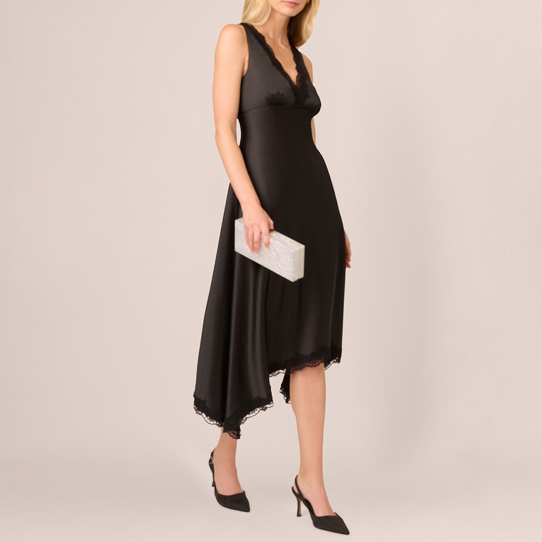 Black Satin Lace Hi-Low Midi Dress