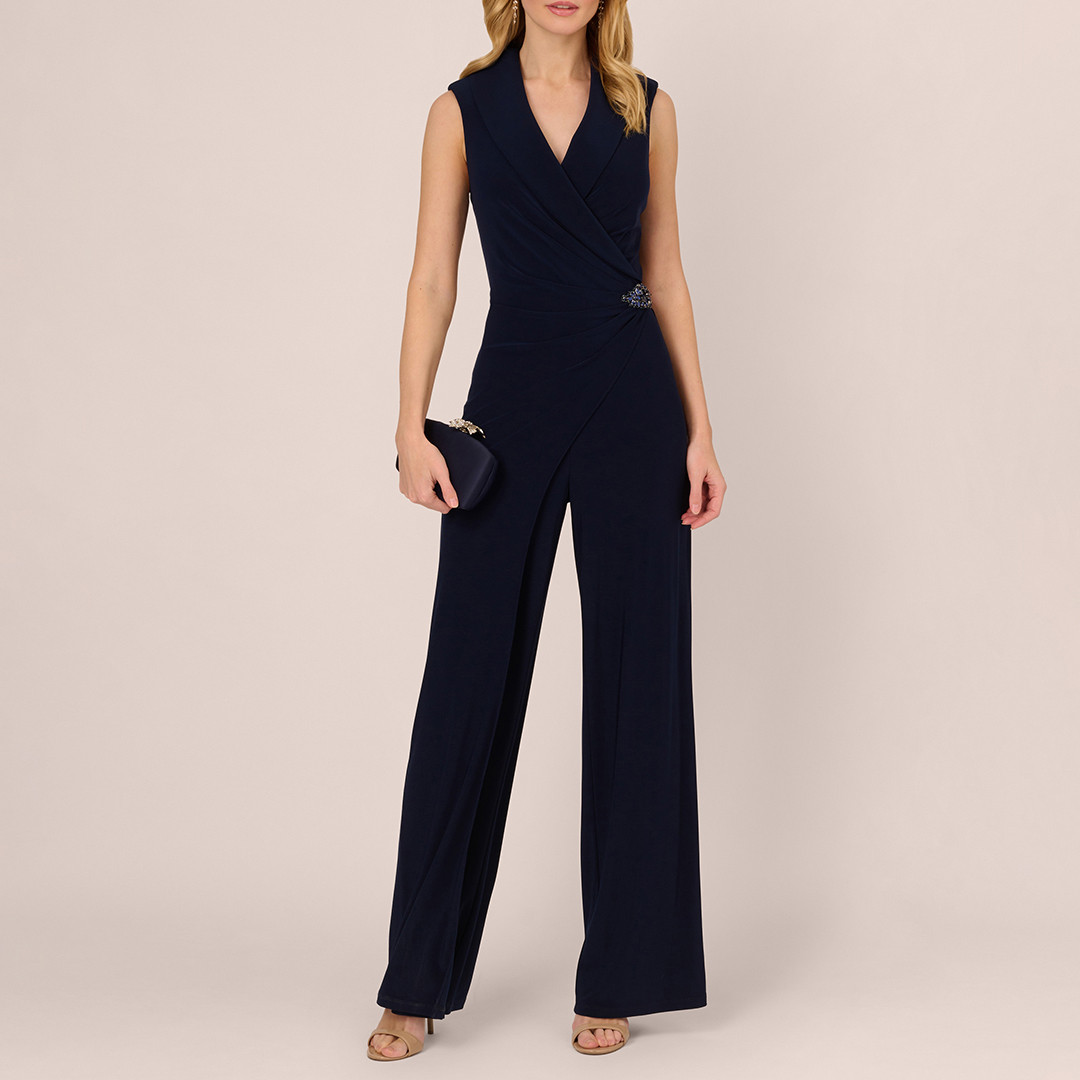 Navy Jersey Wrap Brooch Jumpsuit