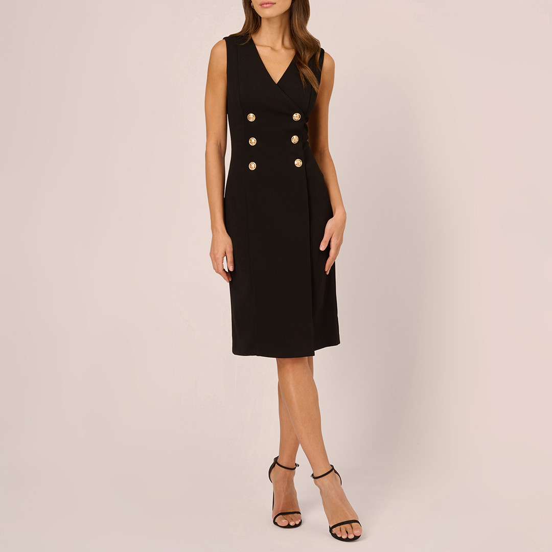 Black Knit Crepe Double Breasted Midi Dress