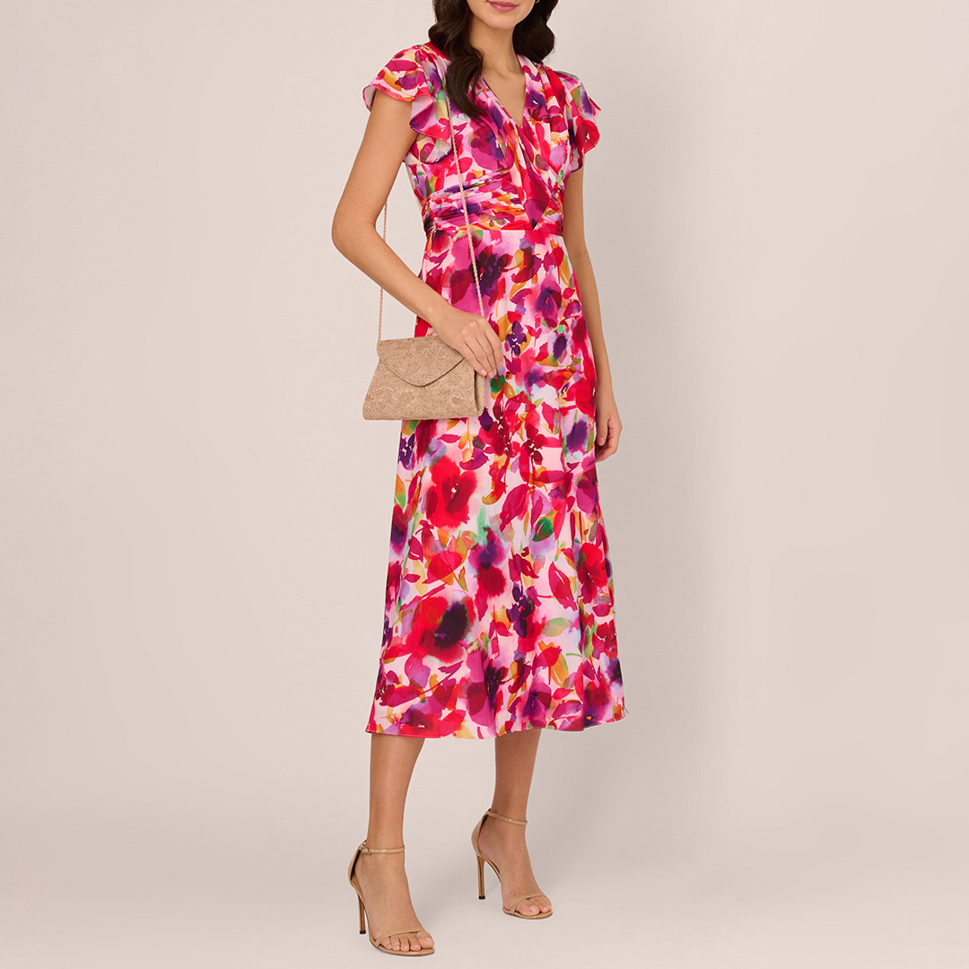 Pink Printed Flutter Midi Dress