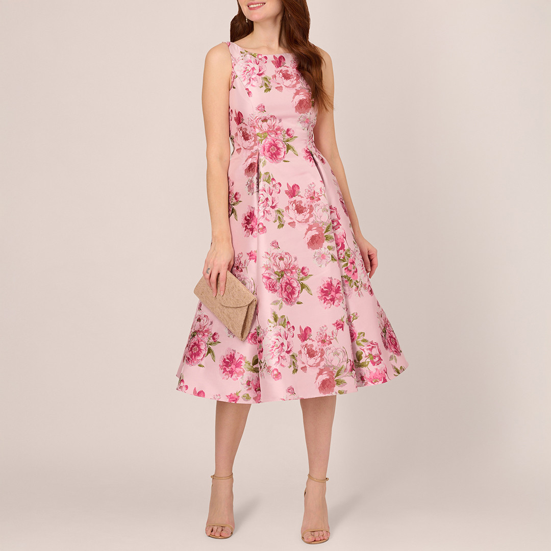 Pink Floral Jacquard Flared Dress