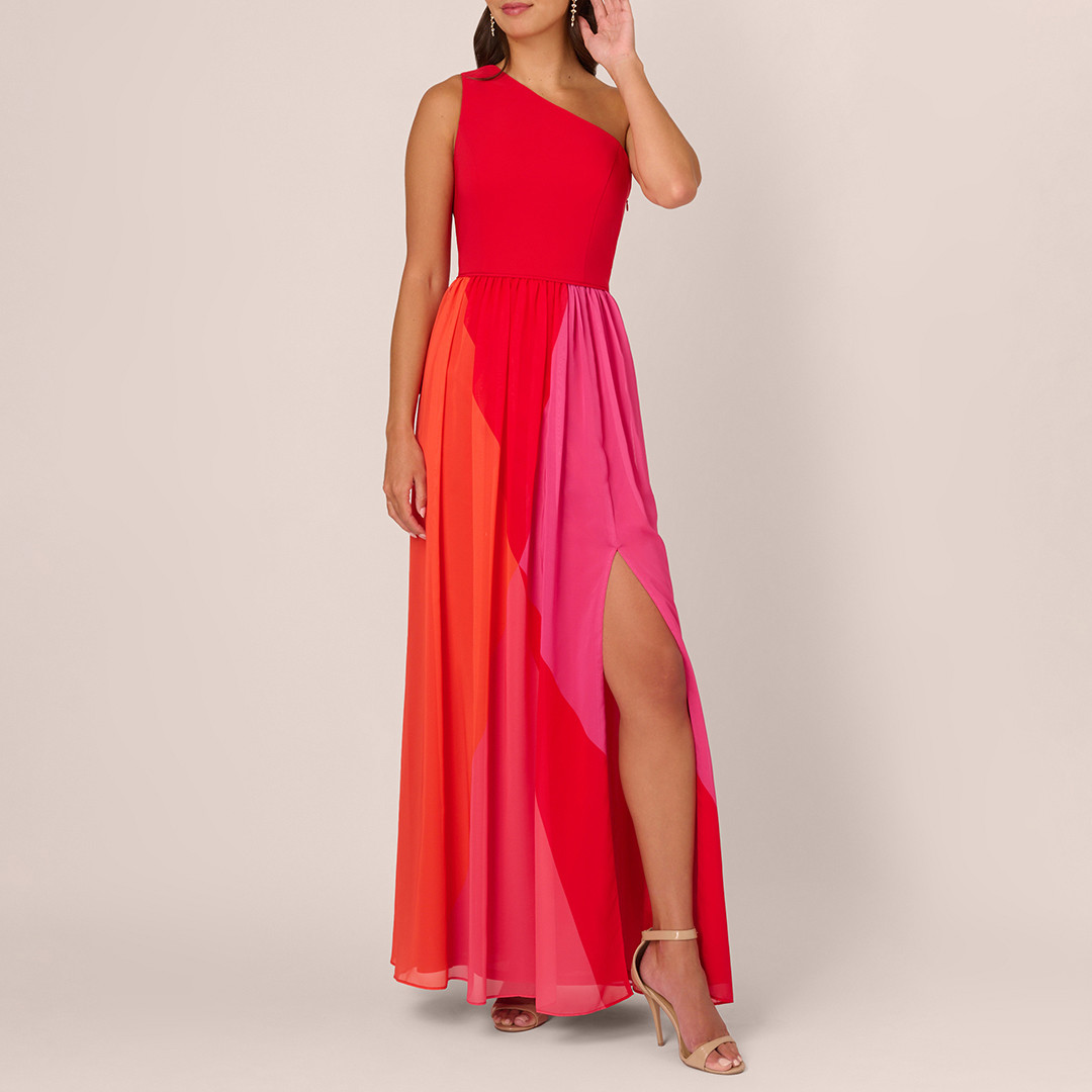 Red Colourblock One Shoulder Chiffon Dress