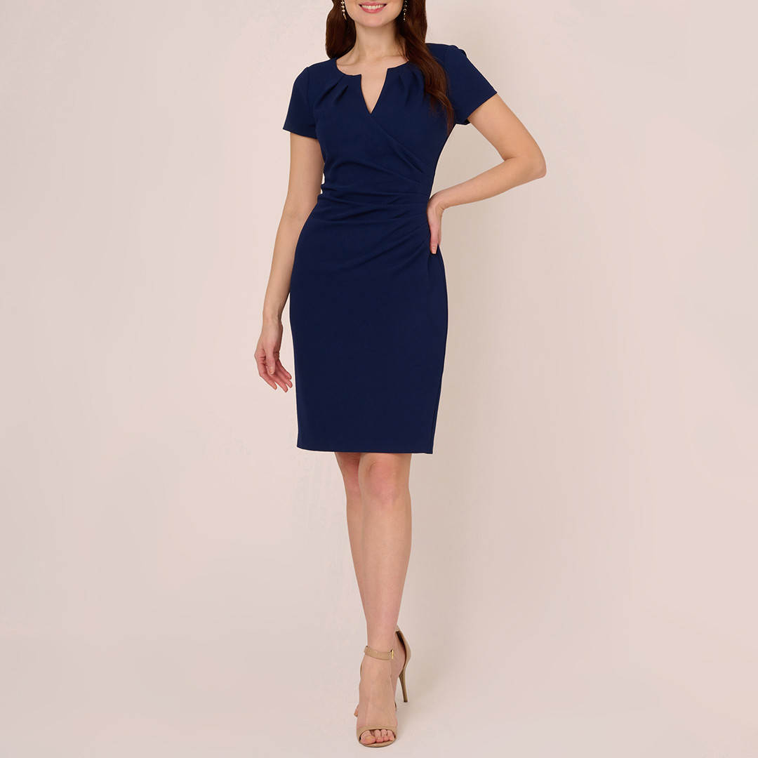 Navy Knit Crepe Gathered Dress