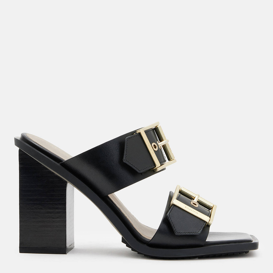 Black Camille Leather Buckle Mules